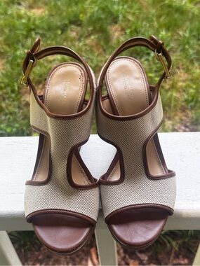 Michael Kors Beige and Brown Open-Toe Slingback Wedges